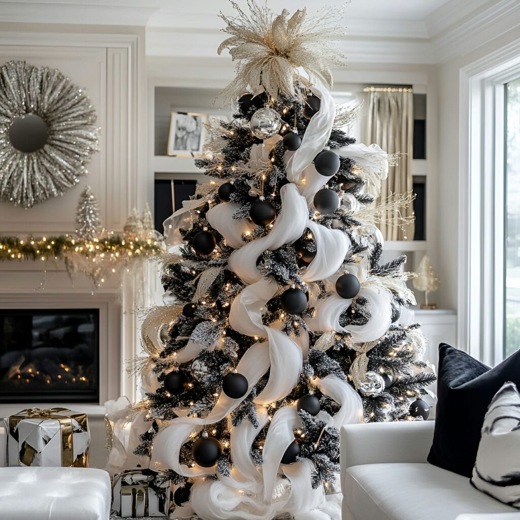 28. Black & White Tree with Ribbon Garlands for Flowing Design