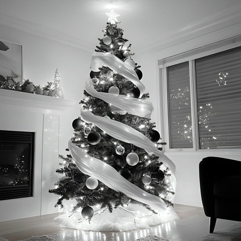 28. Black & White Tree with Ribbon Garlands for Flowing Design