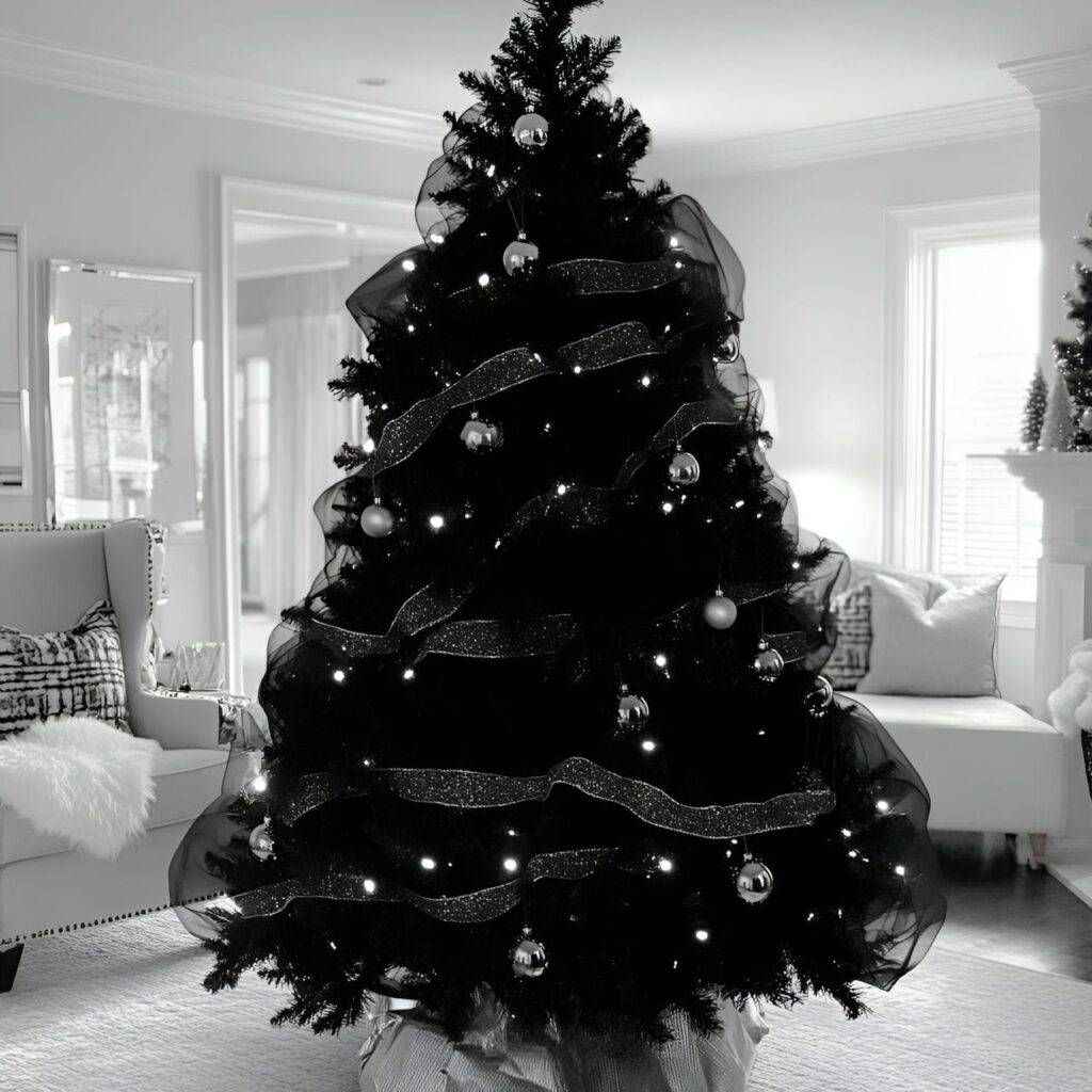 28. Black & White Tree with Ribbon Garlands for Flowing Design