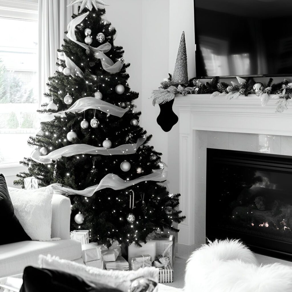 28. Black & White Tree with Ribbon Garlands for Flowing Design