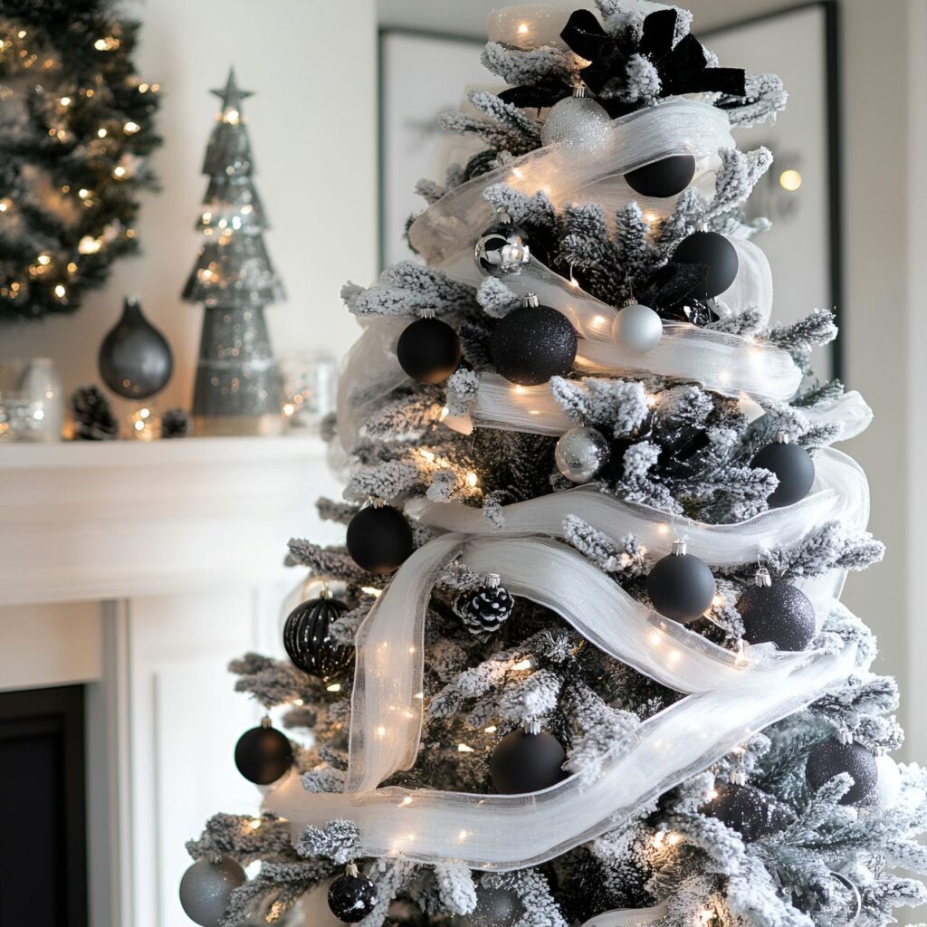 28. Black & White Tree with Ribbon Garlands for Flowing Design