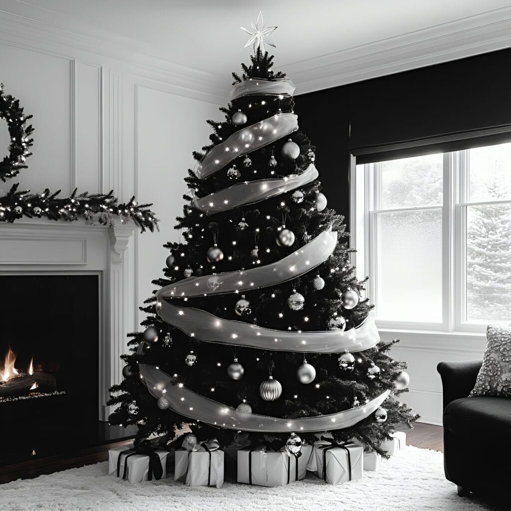 28. Black & White Tree with Ribbon Garlands for Flowing Design