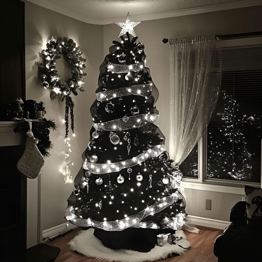 10. Black & White Tree with Silver Accents for a Polished Look