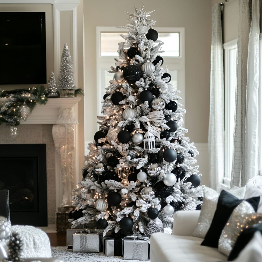 10. Black & White Tree with Silver Accents for a Polished Look