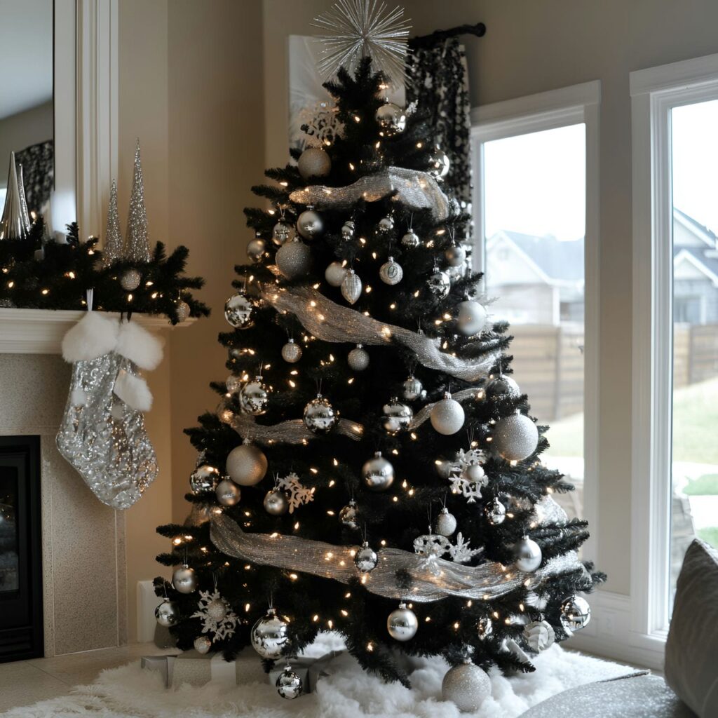 10. Black & White Tree with Silver Accents for a Polished Look