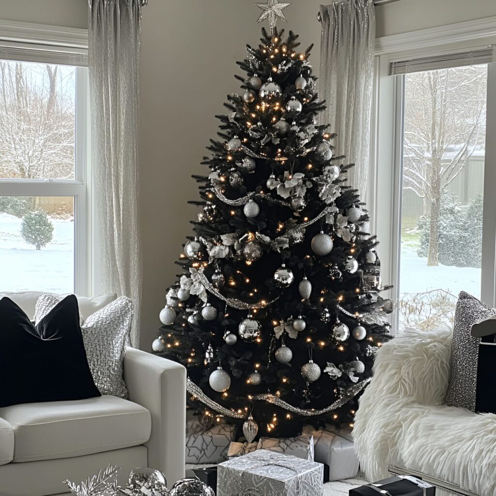 10. Black & White Tree with Silver Accents for a Polished Look