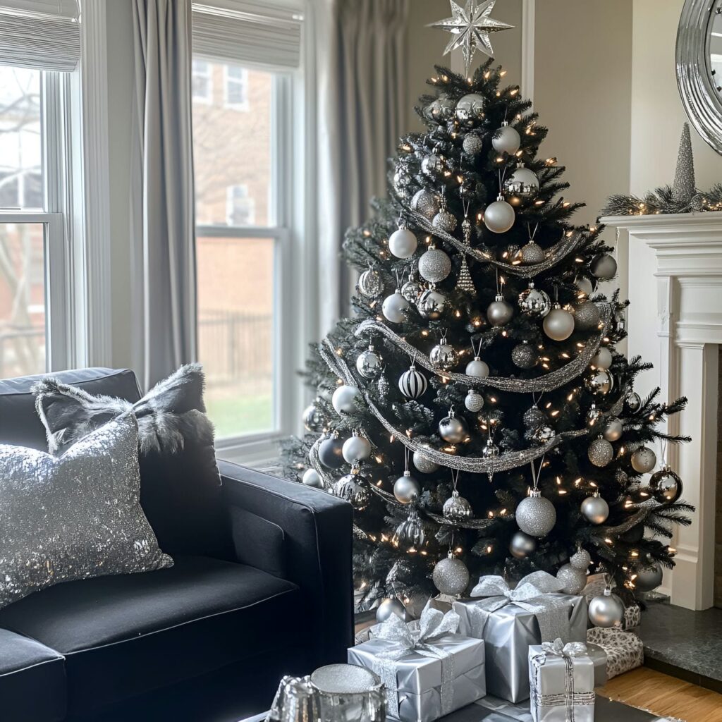 10. Black & White Tree with Silver Accents for a Polished Look