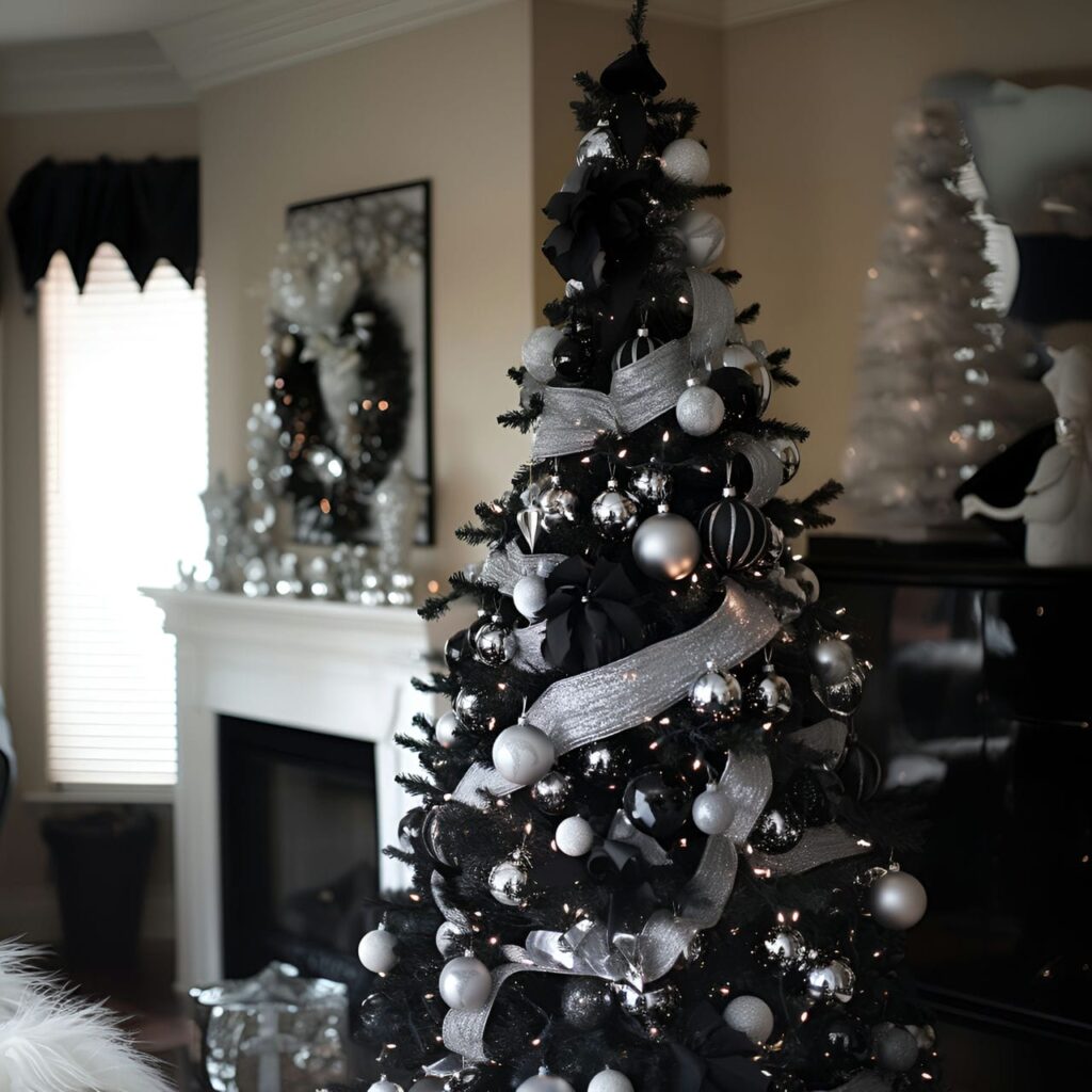 10. Black & White Tree with Silver Accents for a Polished Look