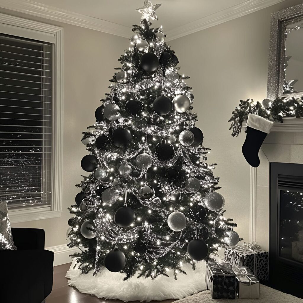 10. Black & White Tree with Silver Accents for a Polished Look