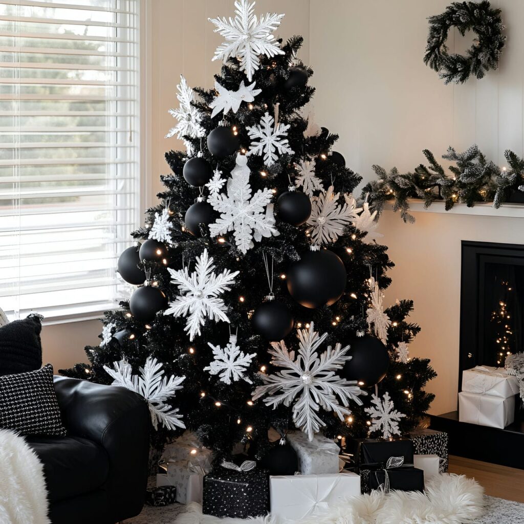 21. Black & White Tree with Snowflakes for Wintery Accents