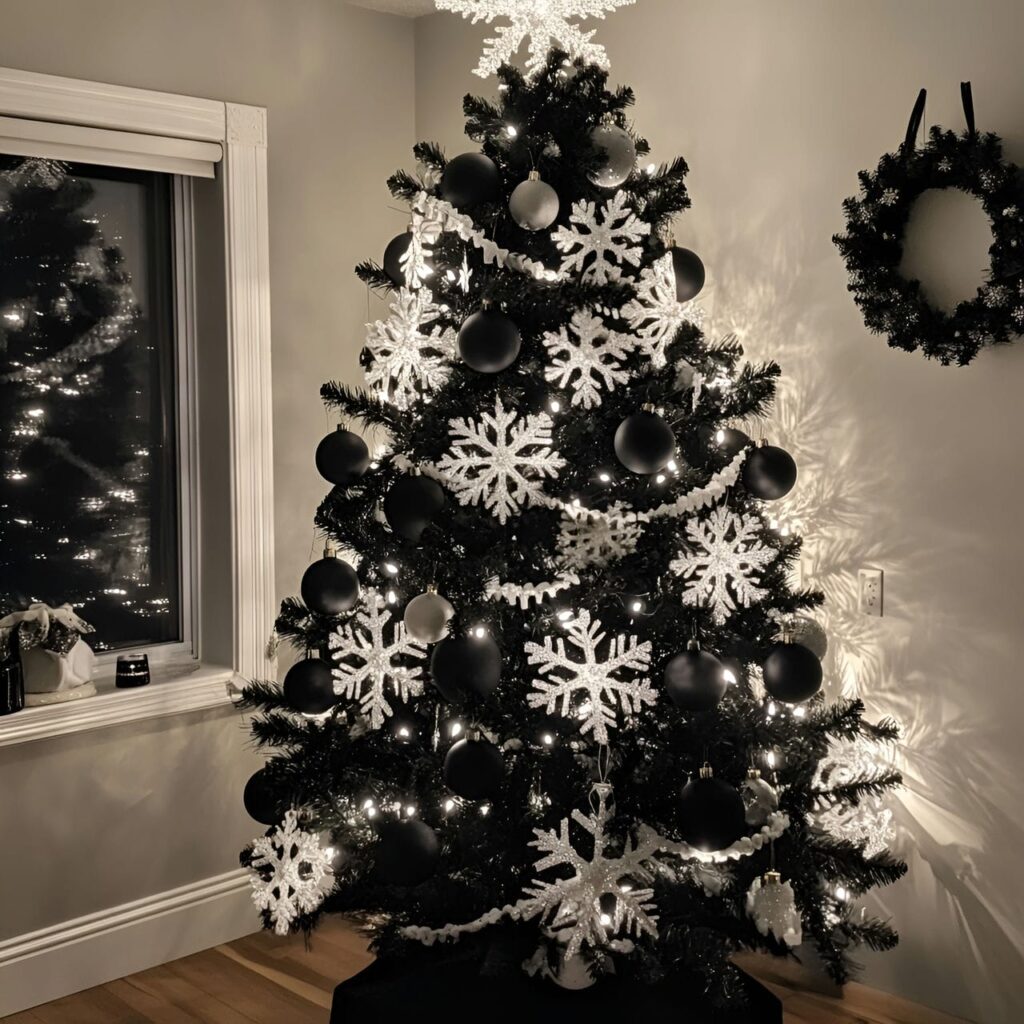 21. Black & White Tree with Snowflakes for Wintery Accents