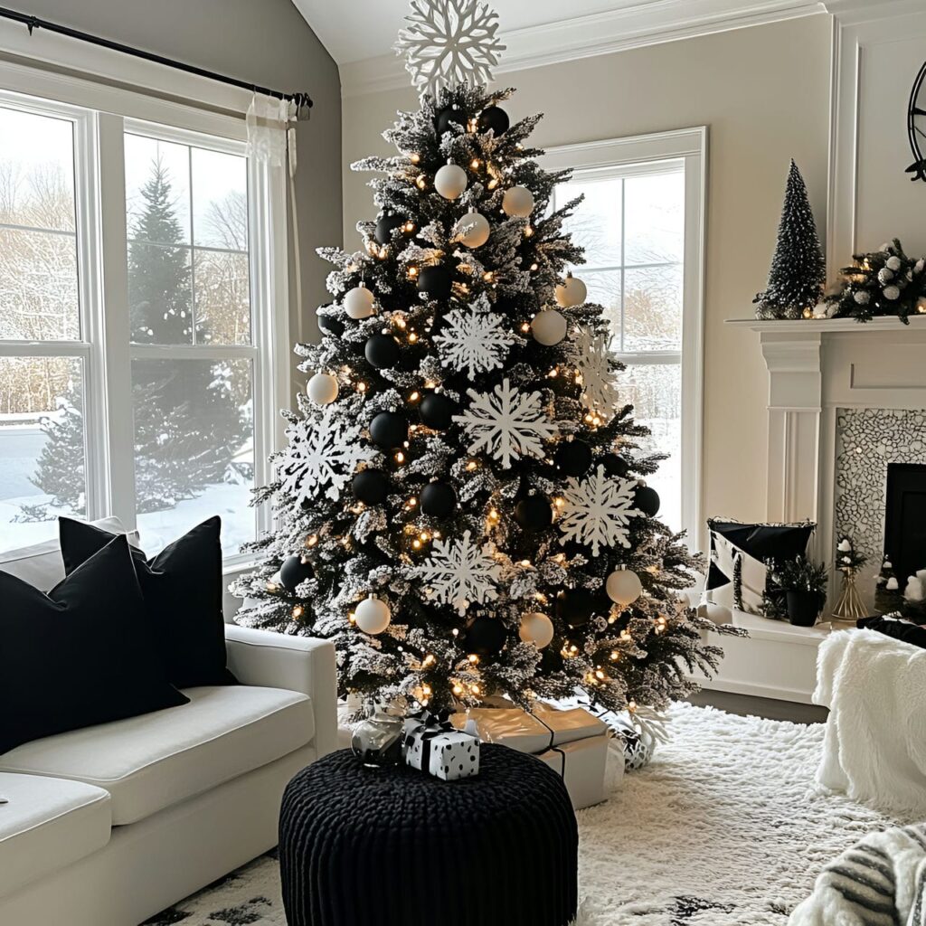 21. Black & White Tree with Snowflakes for Wintery Accents