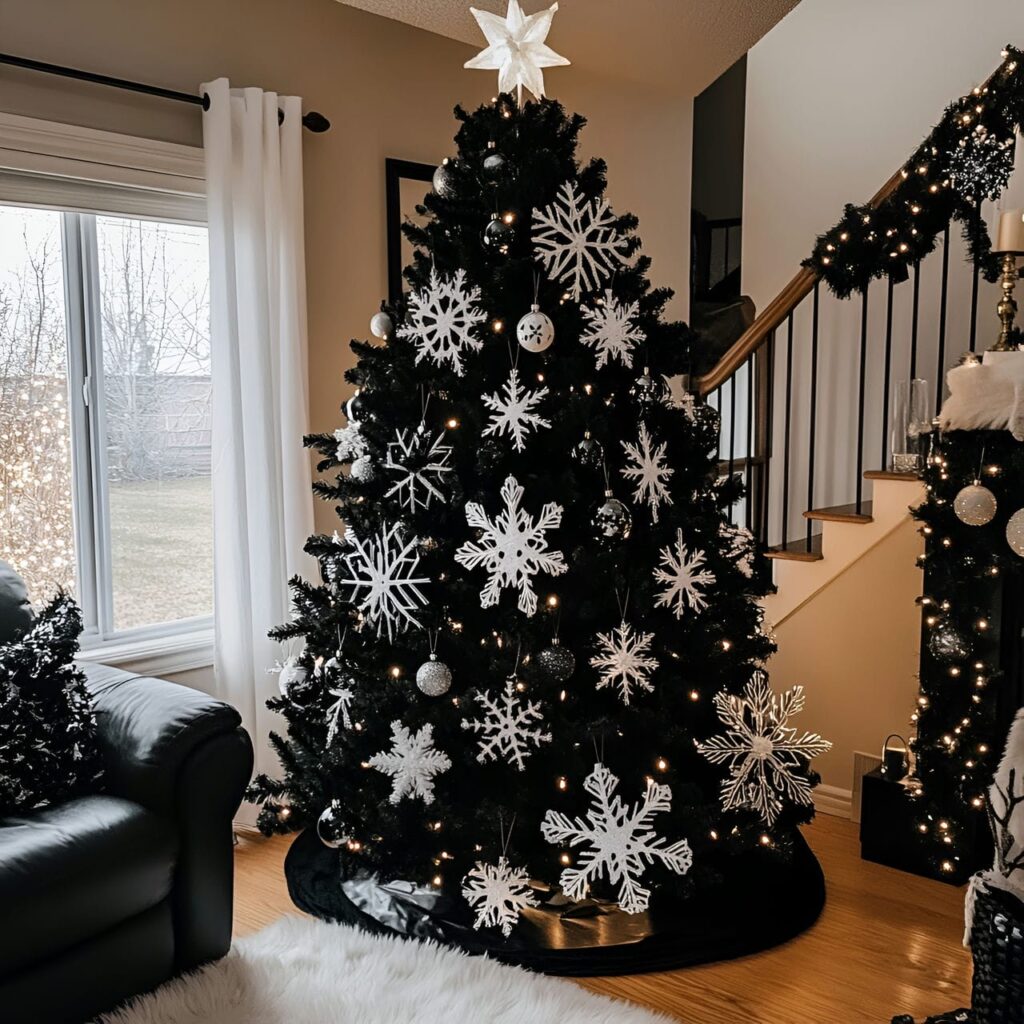 21. Black & White Tree with Snowflakes for Wintery Accents