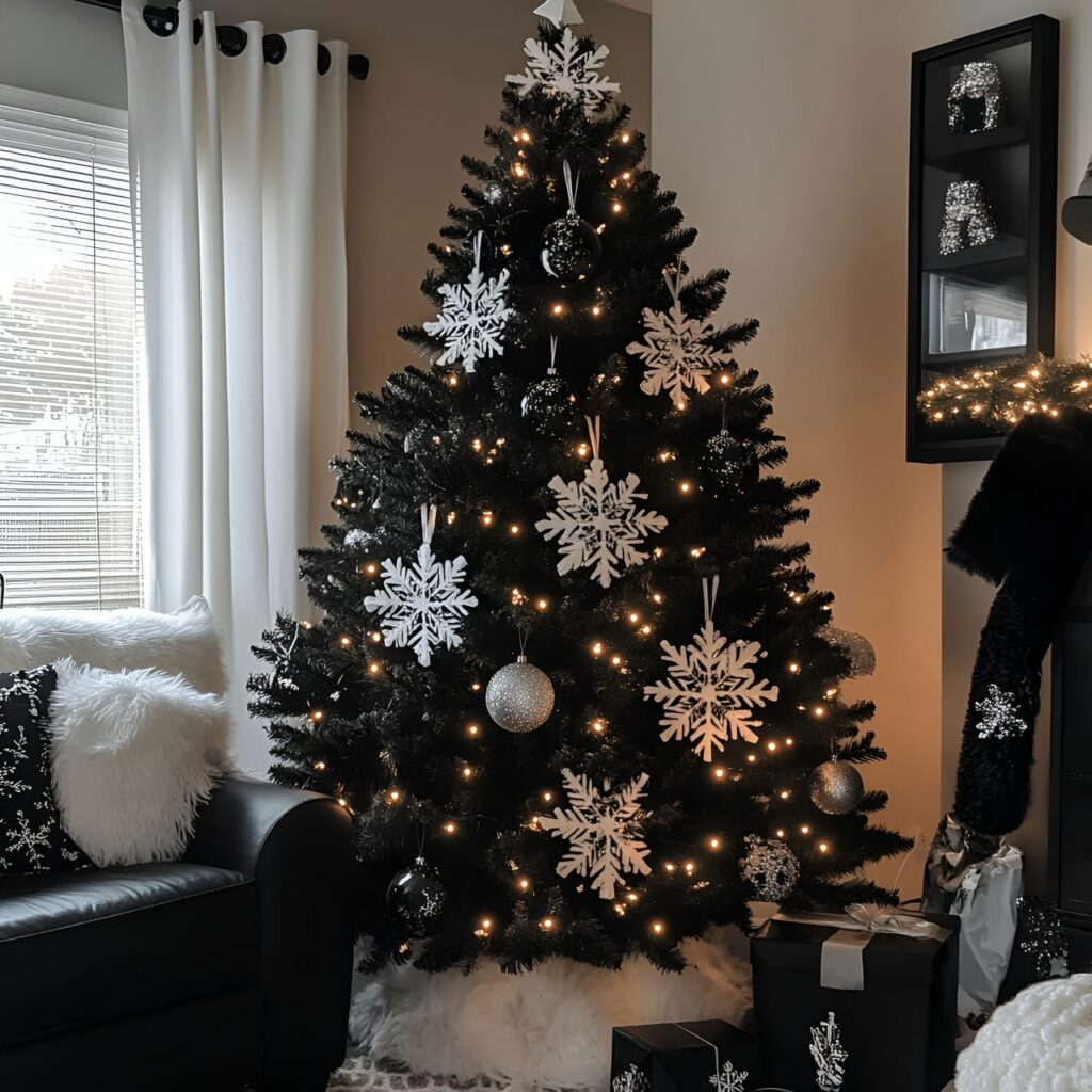 21. Black & White Tree with Snowflakes for Wintery Accents