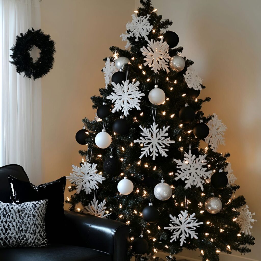 21. Black & White Tree with Snowflakes for Wintery Accents