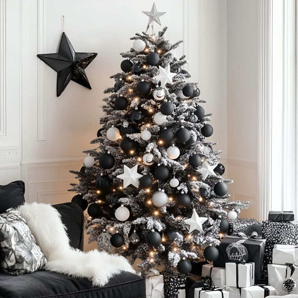 16. Black & White Tree with Star Ornaments for Festive Charm