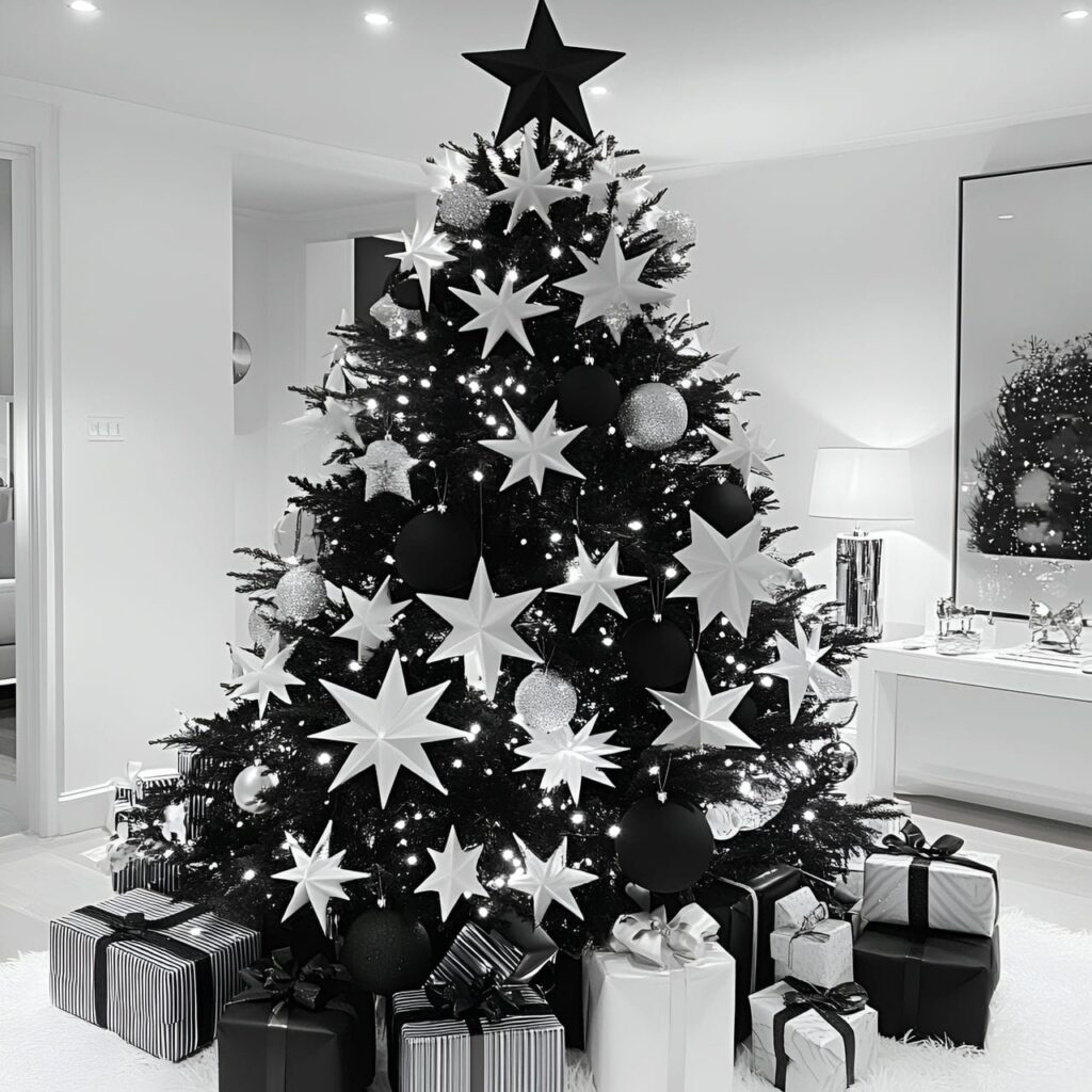 16. Black & White Tree with Star Ornaments for Festive Charm