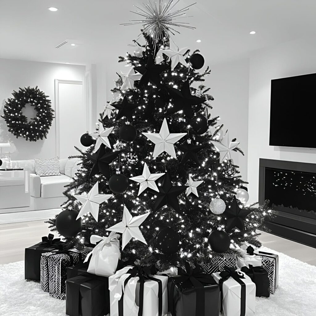 16. Black & White Tree with Star Ornaments for Festive Charm