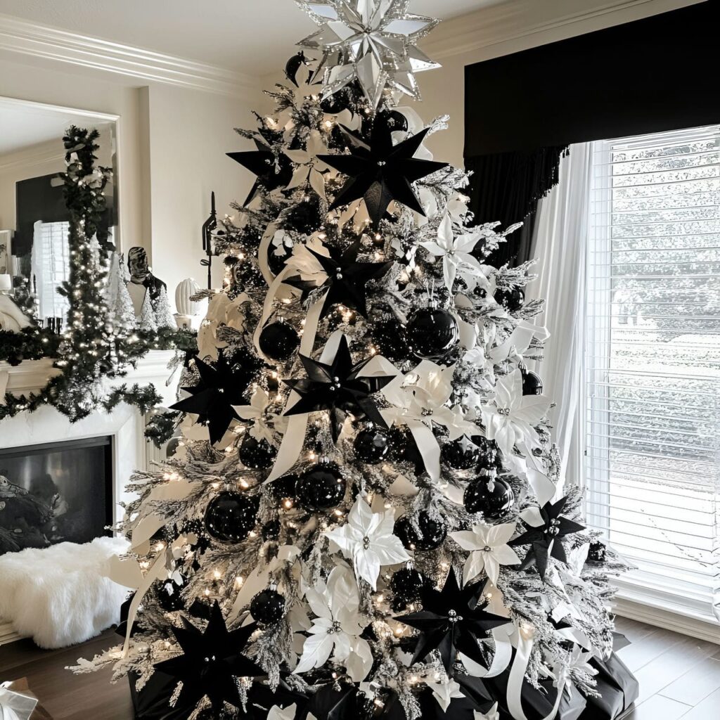 16. Black & White Tree with Star Ornaments for Festive Charm