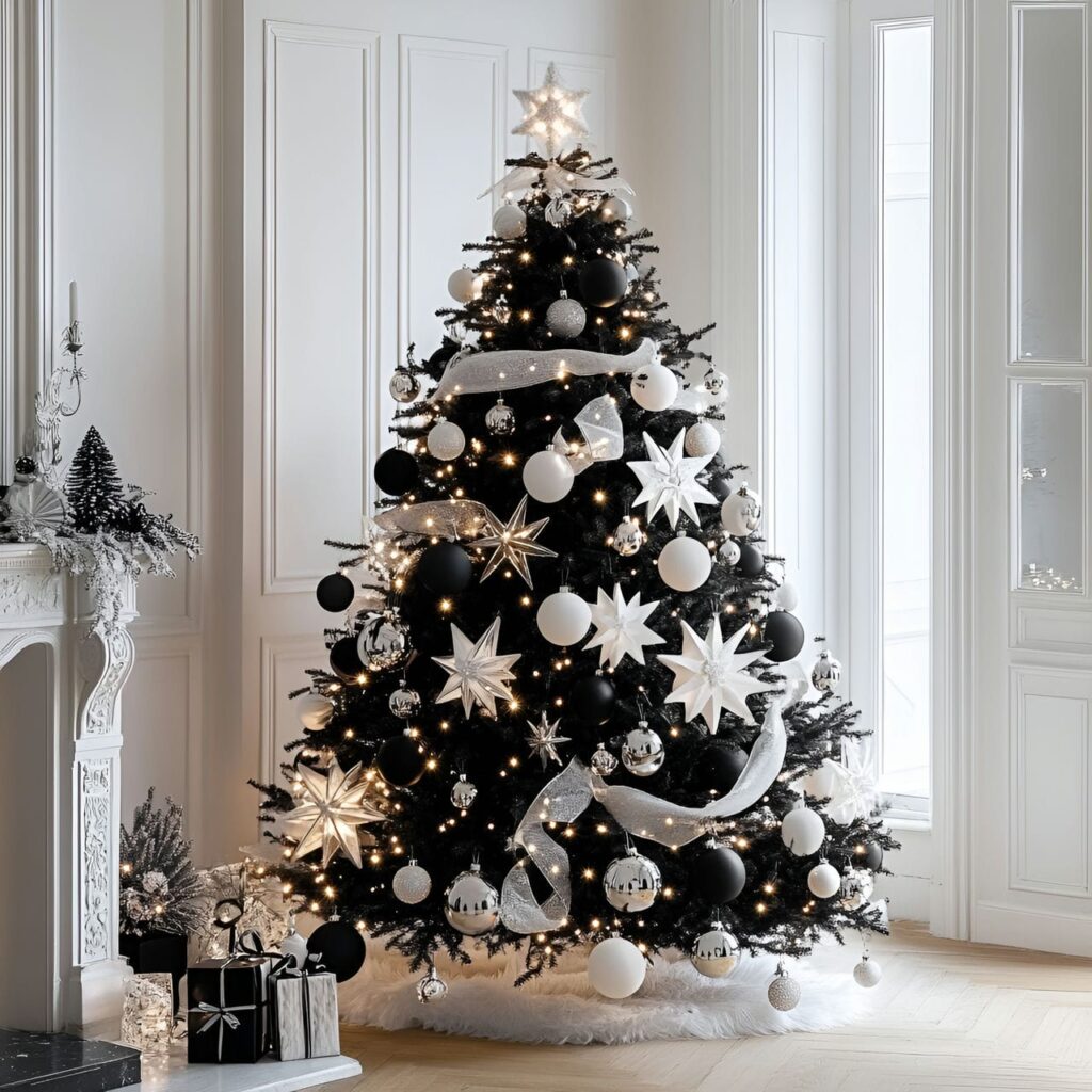 16. Black & White Tree with Star Ornaments for Festive Charm