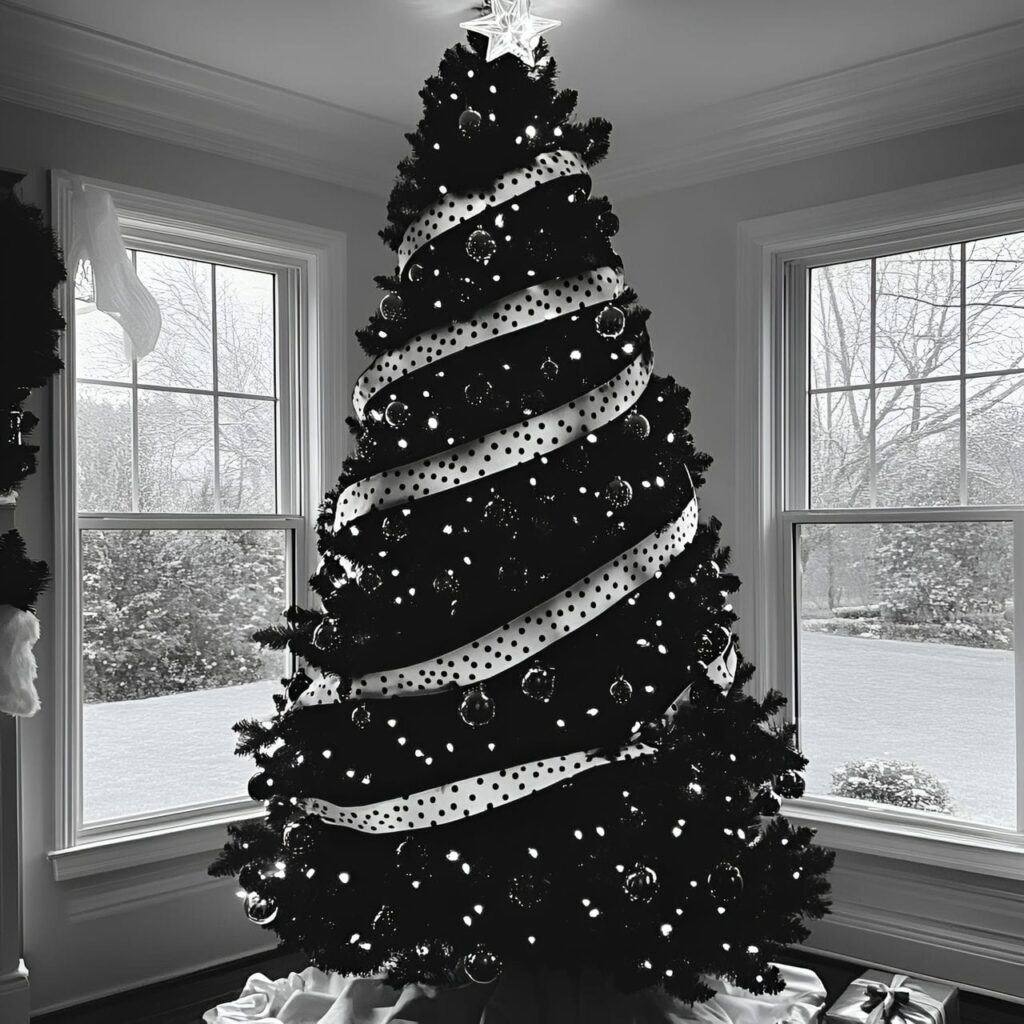 18. Black & White Tree with Stripes & Dots for Quirky Flair