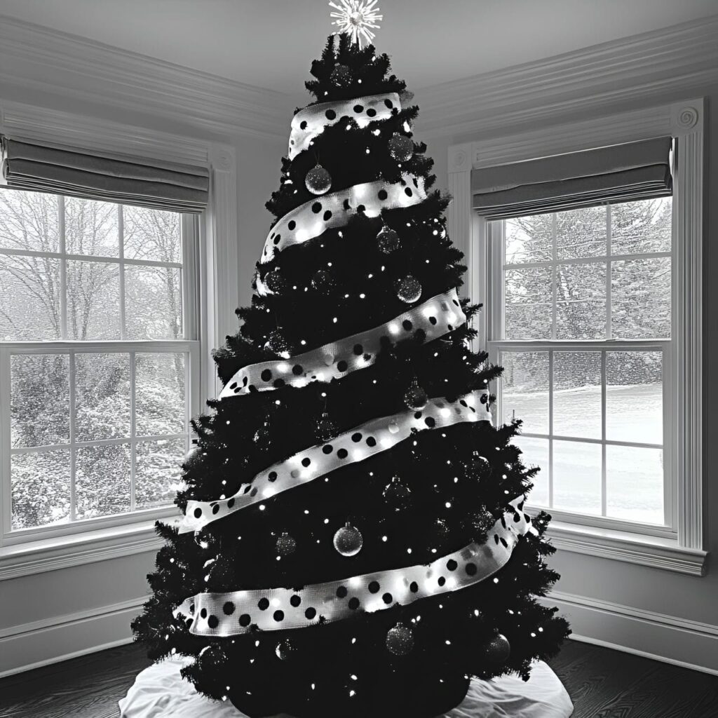 18. Black & White Tree with Stripes & Dots for Quirky Flair