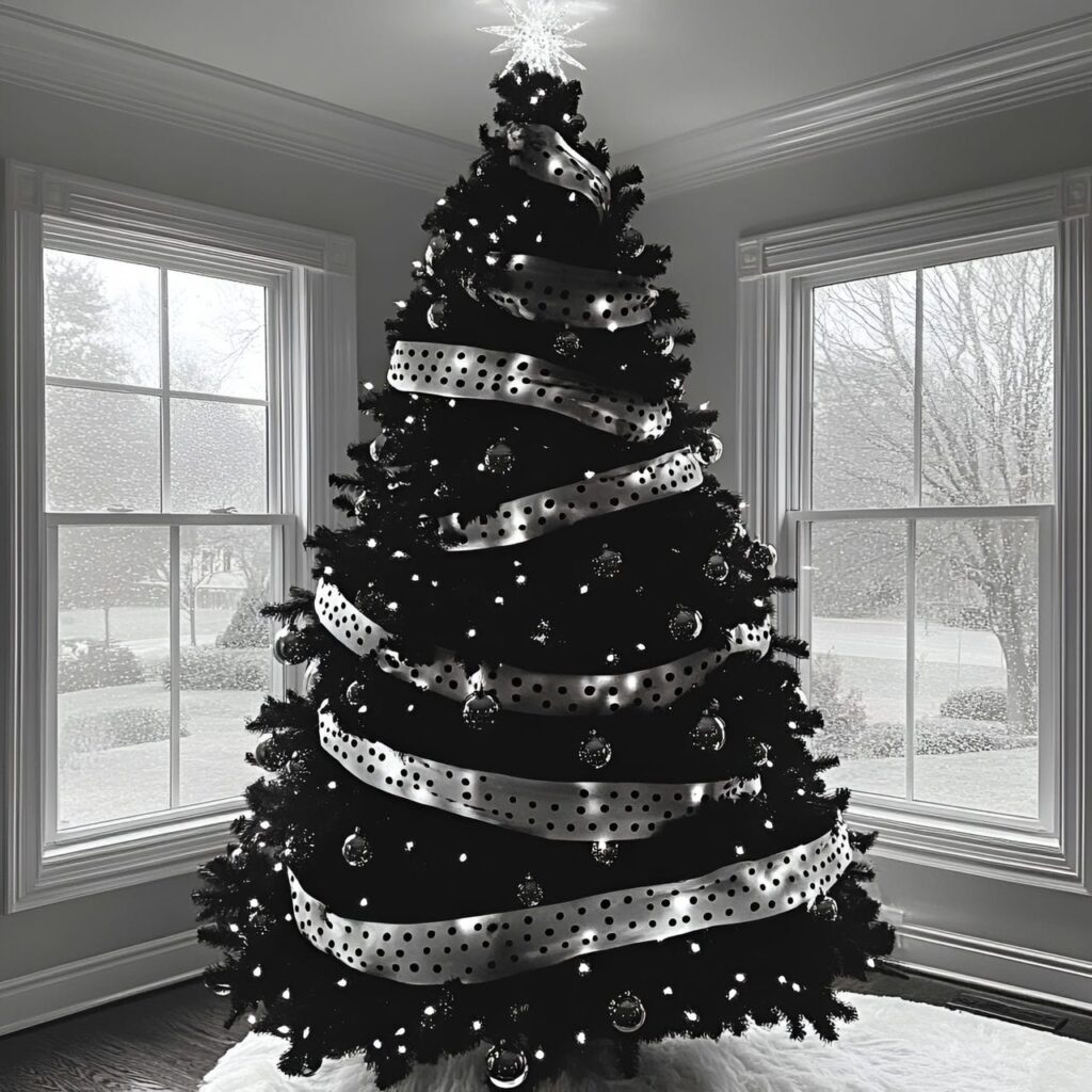 18. Black & White Tree with Stripes & Dots for Quirky Flair