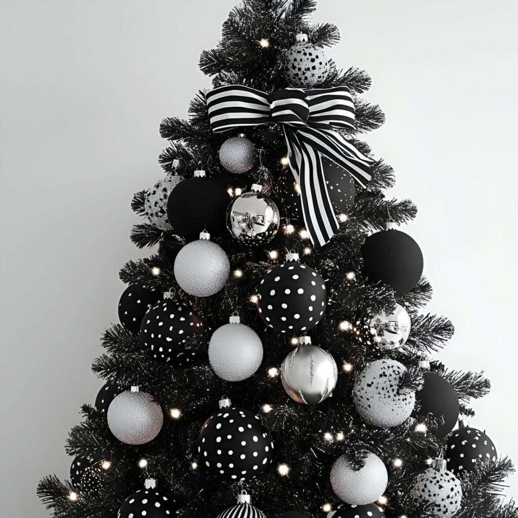 18. Black & White Tree with Stripes & Dots for Quirky Flair