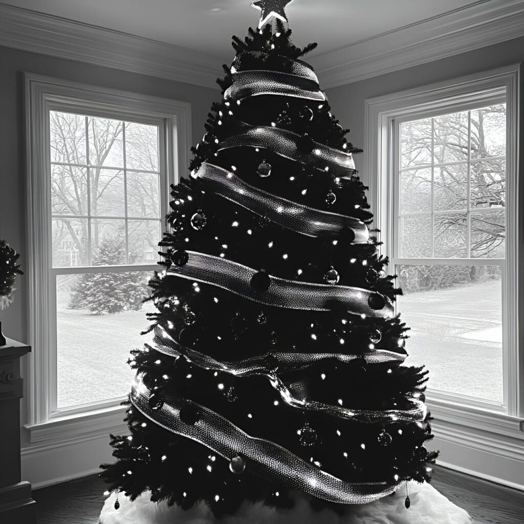 18. Black & White Tree with Stripes & Dots for Quirky Flair