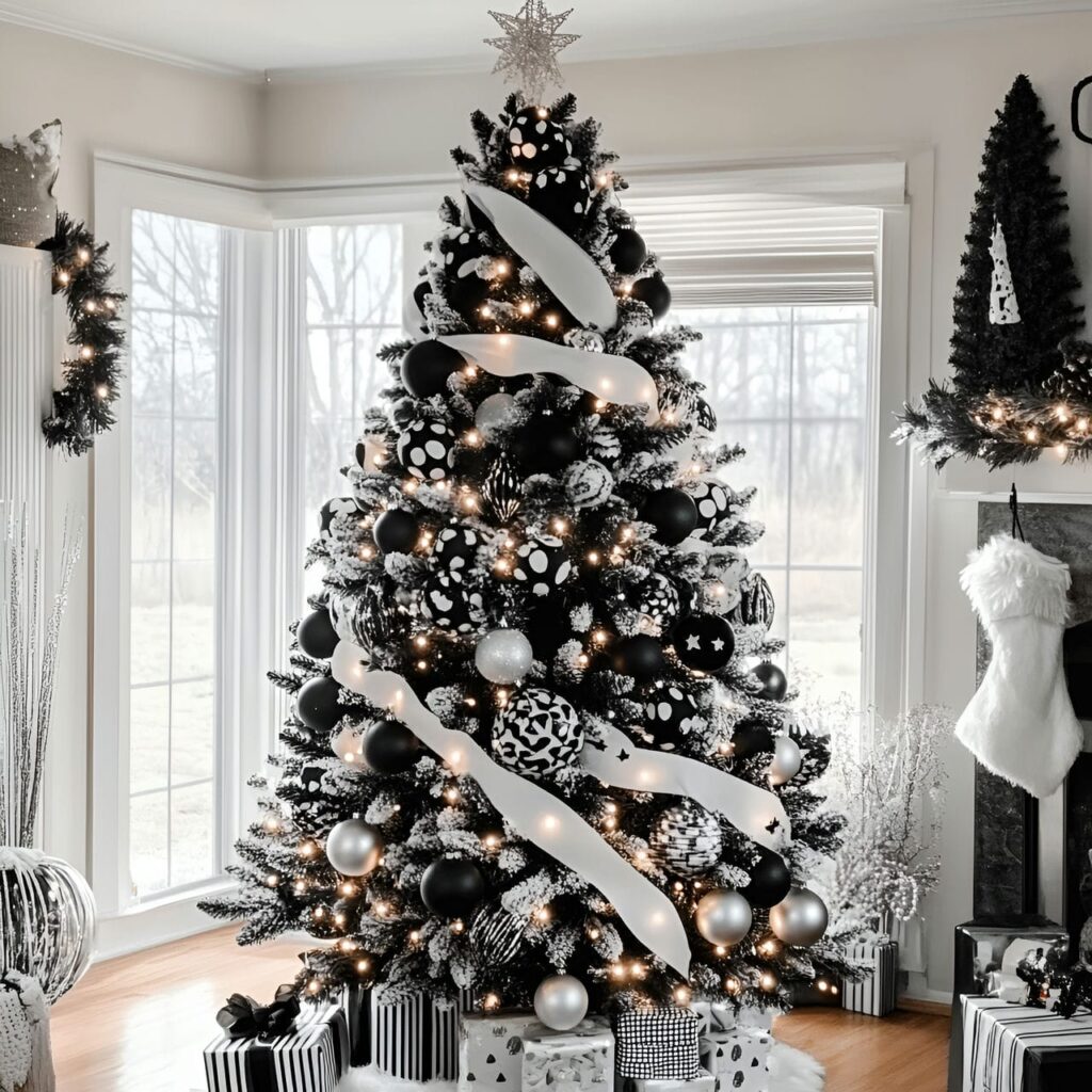 18. Black & White Tree with Stripes & Dots for Quirky Flair