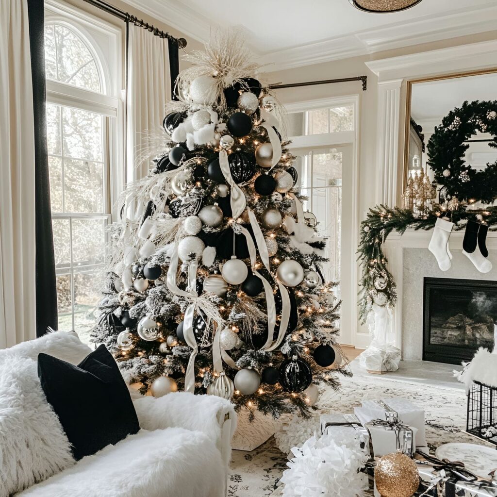 11. Black & White Vintage Tree with Classic Holiday Baubles