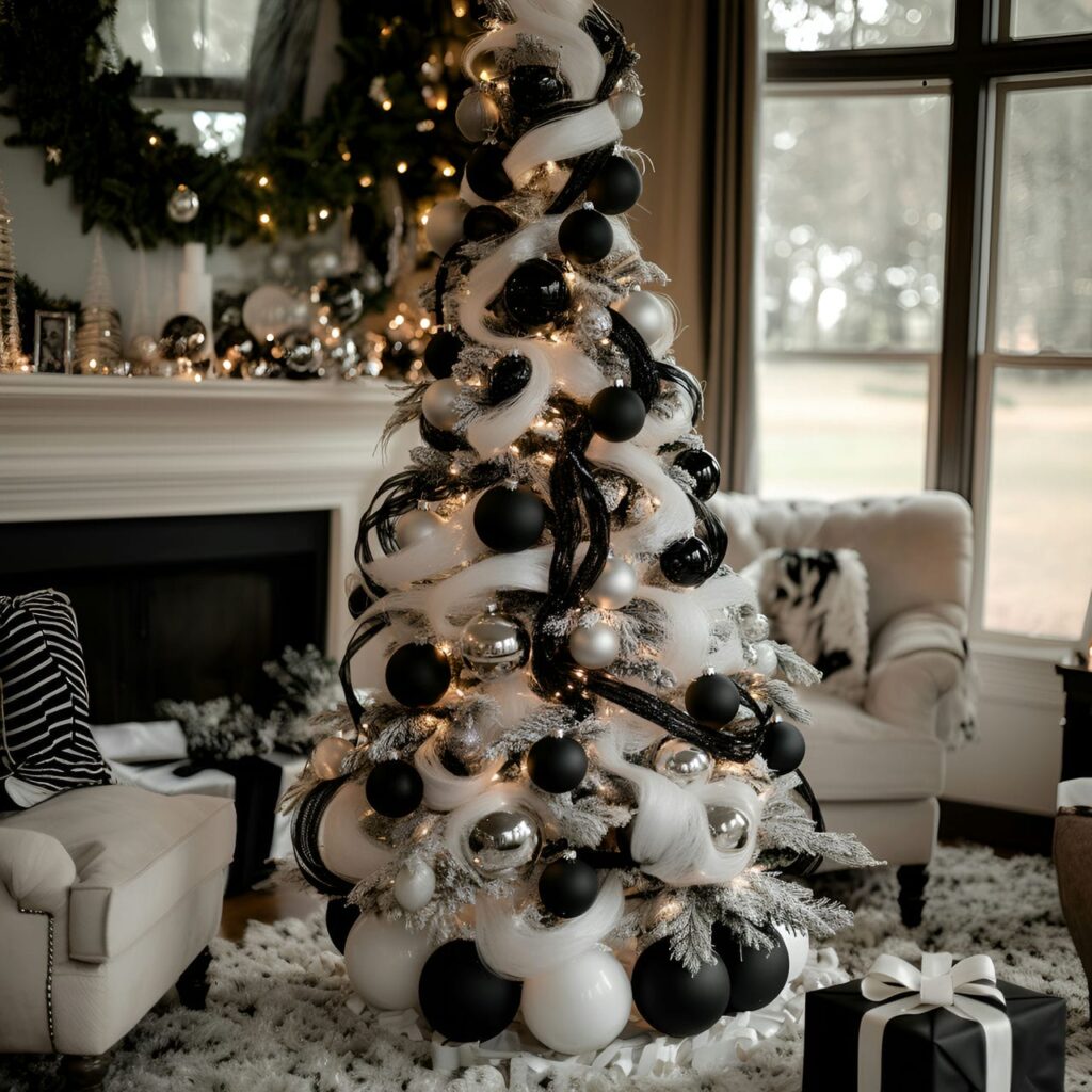 11. Black & White Vintage Tree with Classic Holiday Baubles