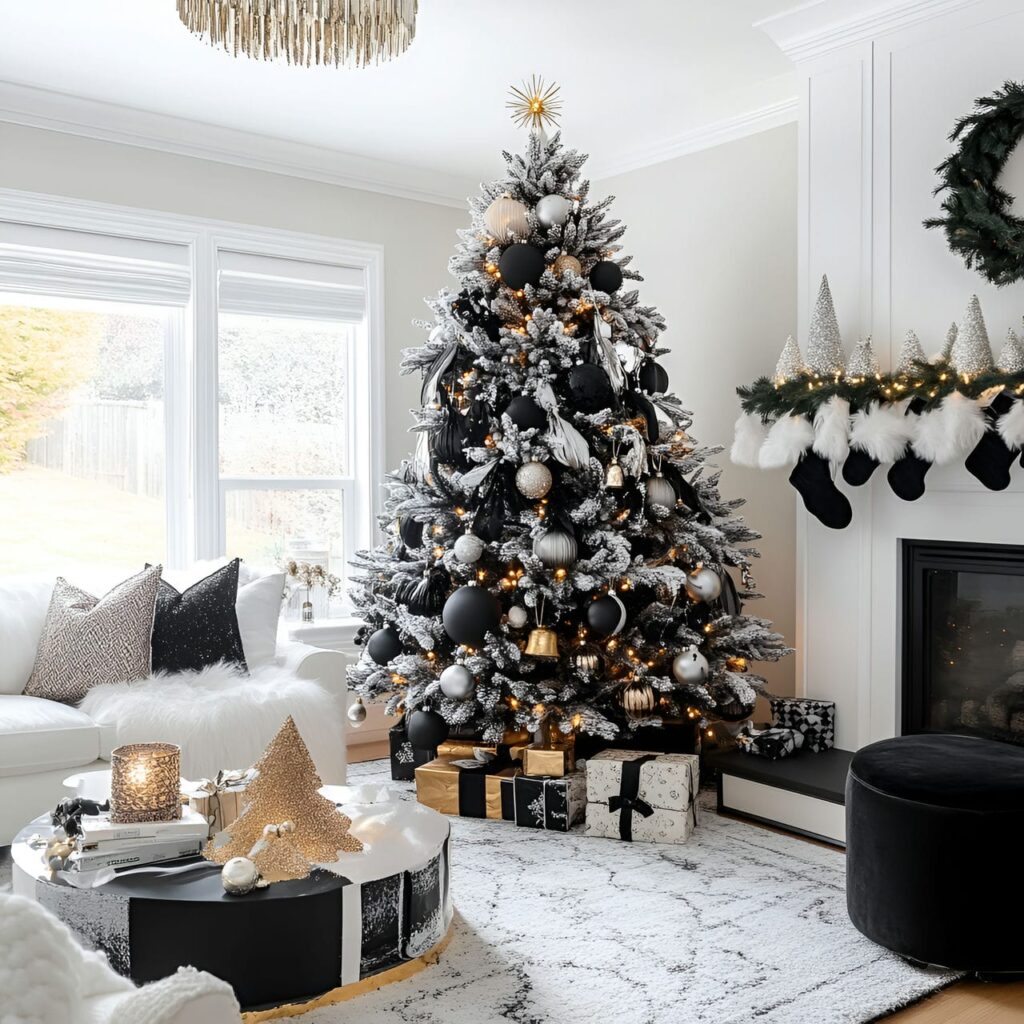 11. Black & White Vintage Tree with Classic Holiday Baubles