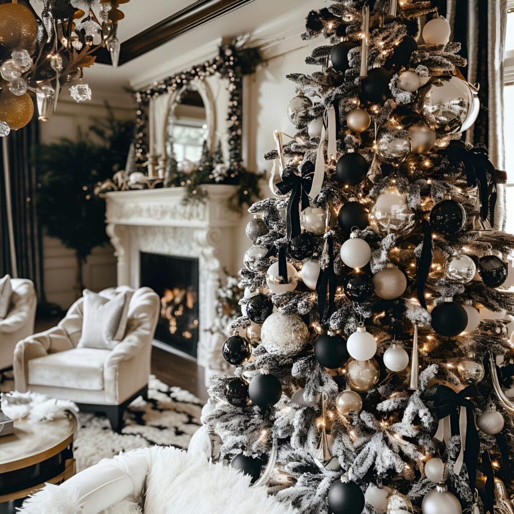 11. Black & White Vintage Tree with Classic Holiday Baubles