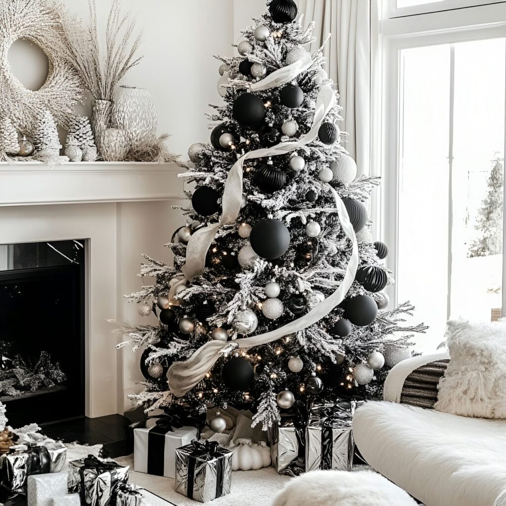 11. Black & White Vintage Tree with Classic Holiday Baubles