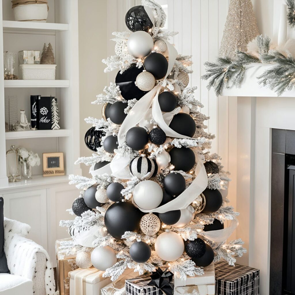 11. Black & White Vintage Tree with Classic Holiday Baubles