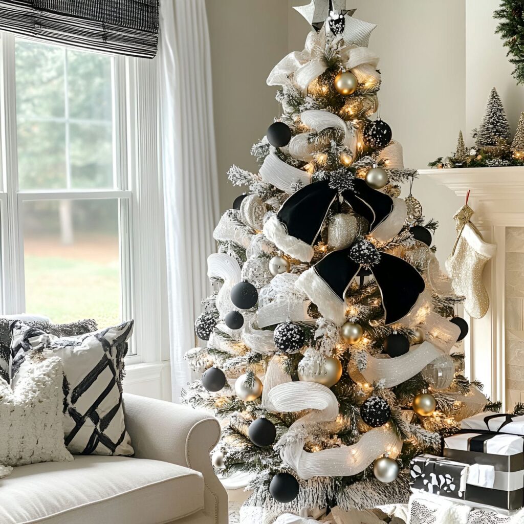 11. Black & White Vintage Tree with Classic Holiday Baubles