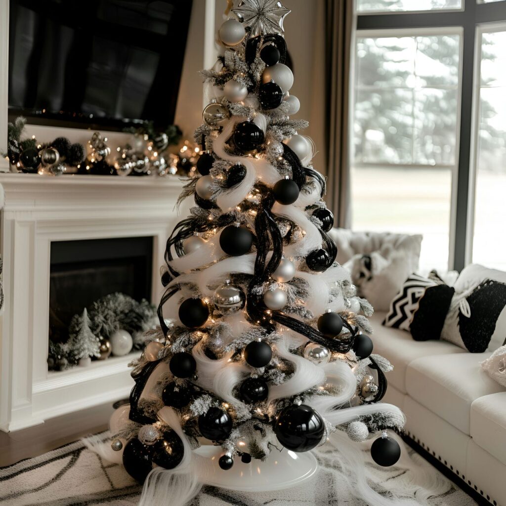 11. Black & White Vintage Tree with Classic Holiday Baubles