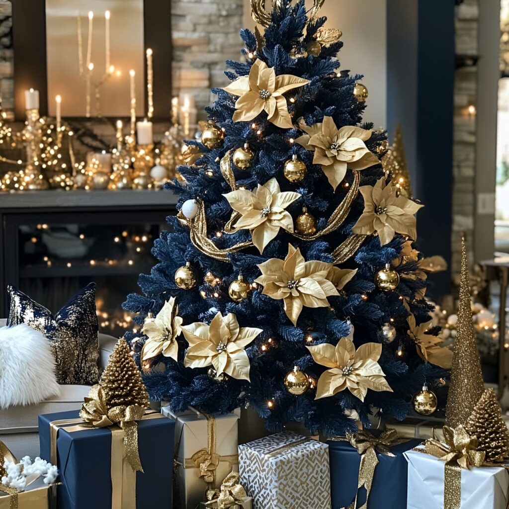 10. Blue Christmas Tree with Gold Orchids and DIY-Friendly Décor