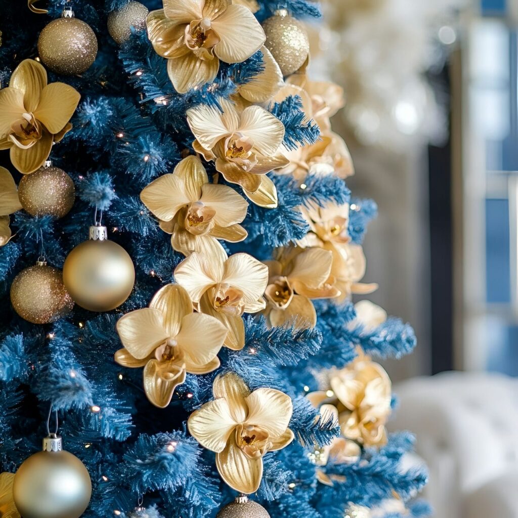 10. Blue Christmas Tree with Gold Orchids and DIY-Friendly Décor