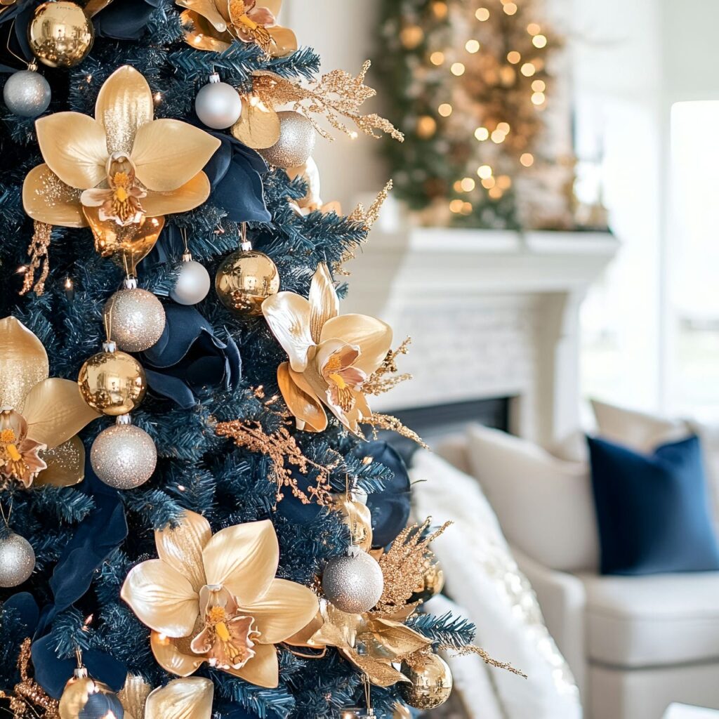 10. Blue Christmas Tree with Gold Orchids and DIY-Friendly Décor