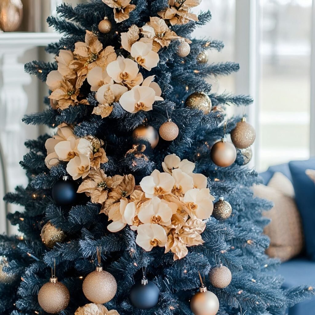 10. Blue Christmas Tree with Gold Orchids and DIY-Friendly Décor