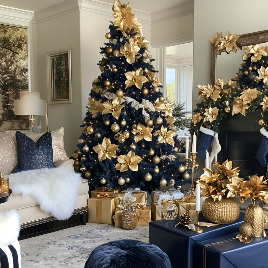 10. Blue Christmas Tree with Gold Orchids and DIY-Friendly Décor