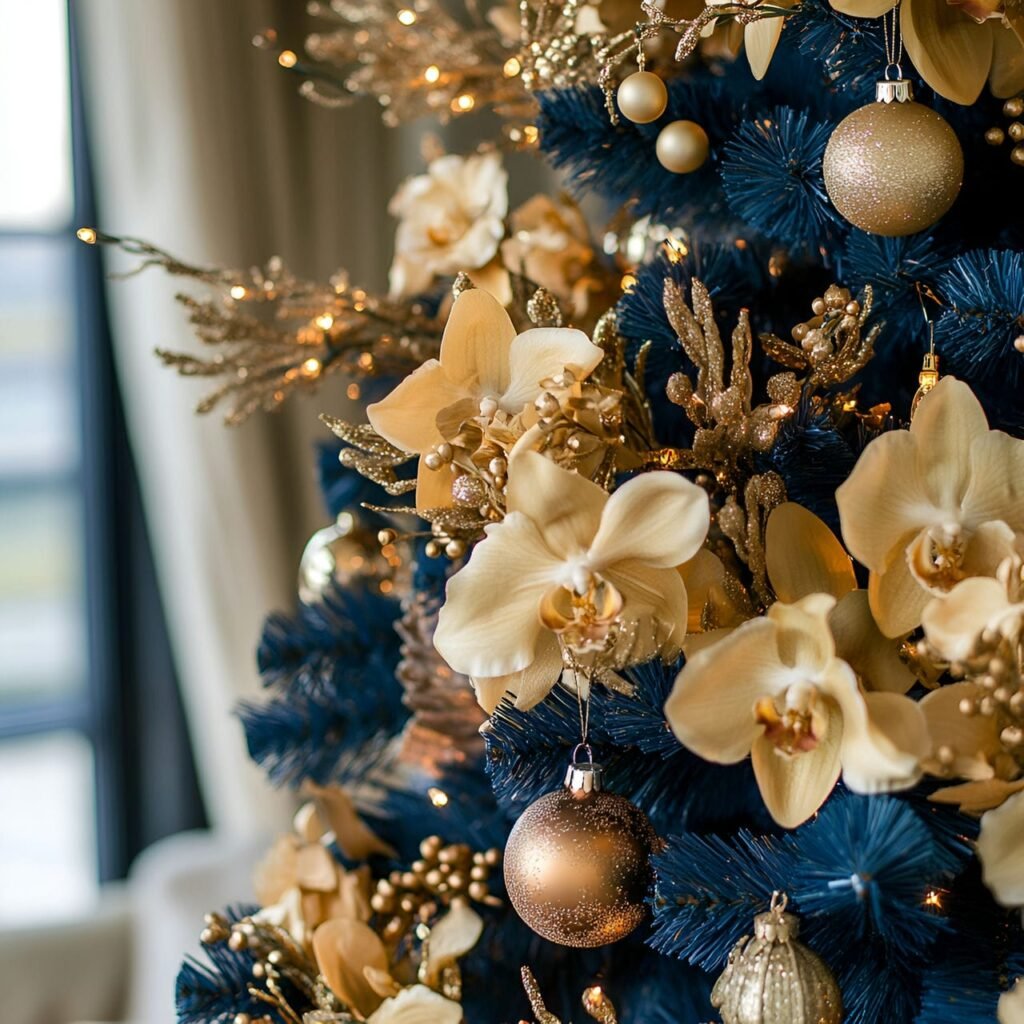 10. Blue Christmas Tree with Gold Orchids and DIY-Friendly Décor