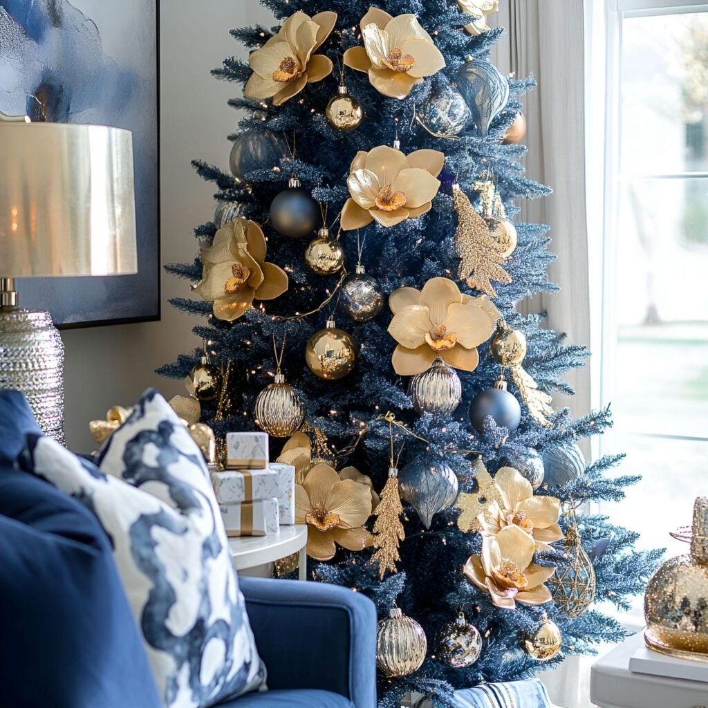 10. Blue Christmas Tree with Gold Orchids and DIY-Friendly Décor