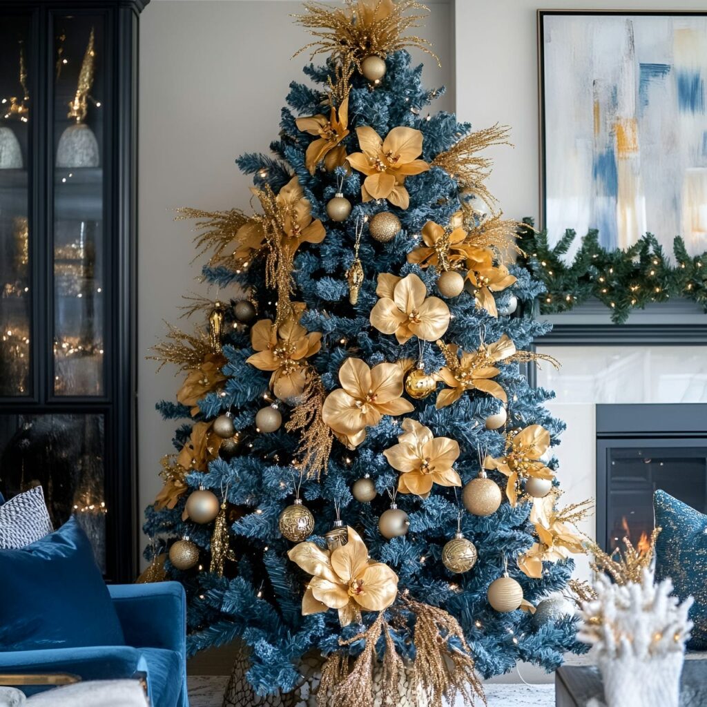 10. Blue Christmas Tree with Gold Orchids and DIY-Friendly Décor