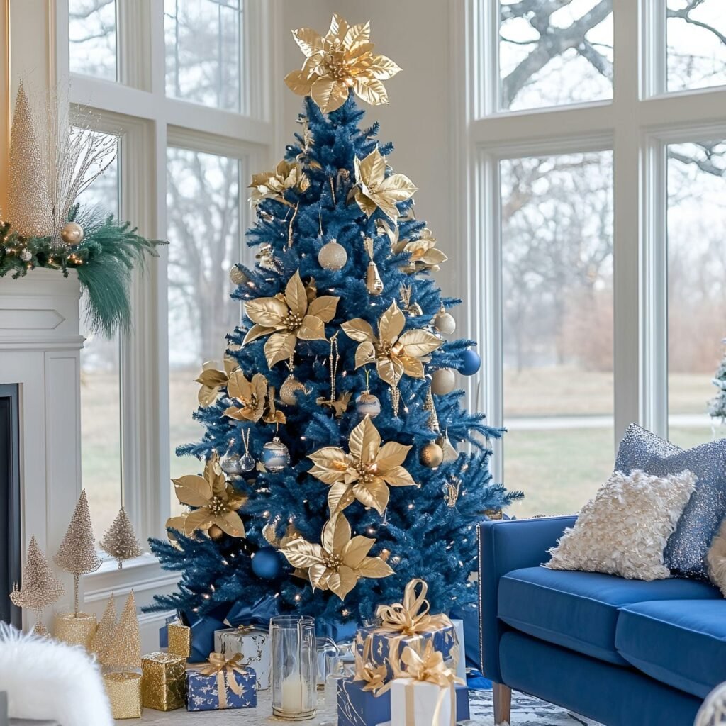 10. Blue Christmas Tree with Gold Orchids and DIY-Friendly Décor