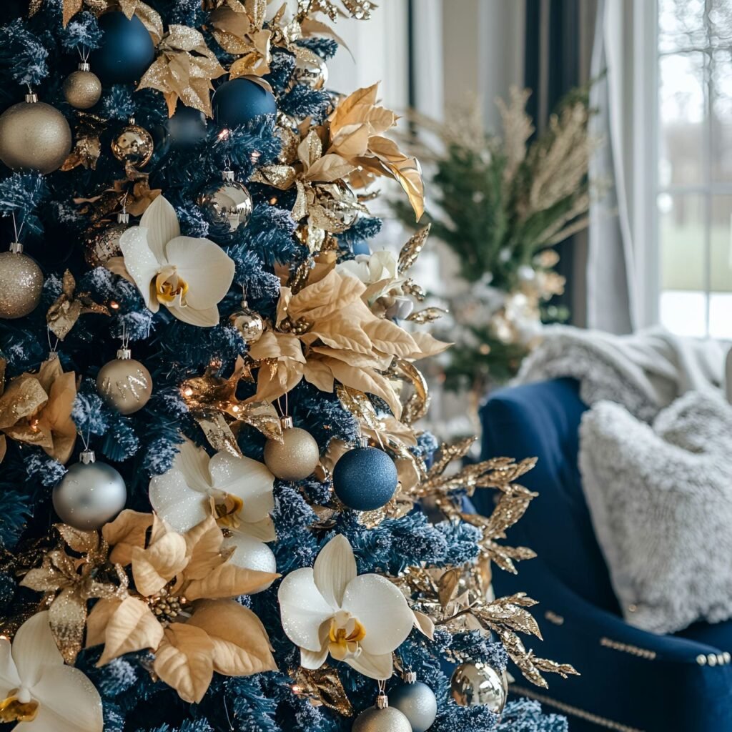 10. Blue Christmas Tree with Gold Orchids and DIY-Friendly Décor