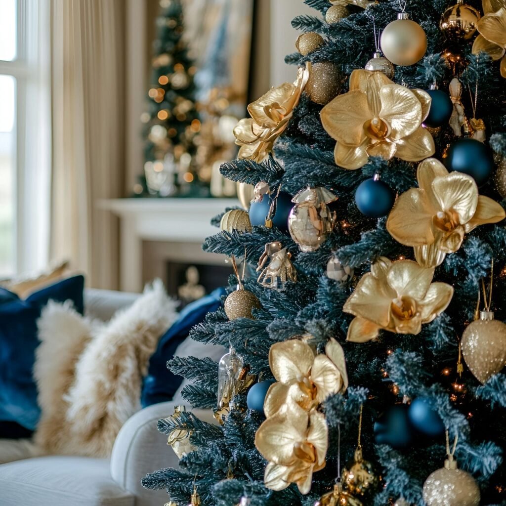 10. Blue Christmas Tree with Gold Orchids and DIY-Friendly Décor