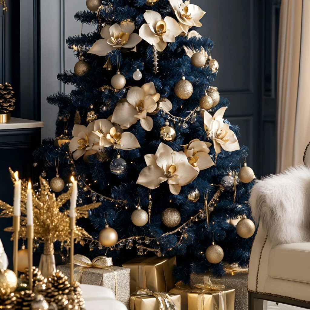 10. Blue Christmas Tree with Gold Orchids and DIY-Friendly Décor